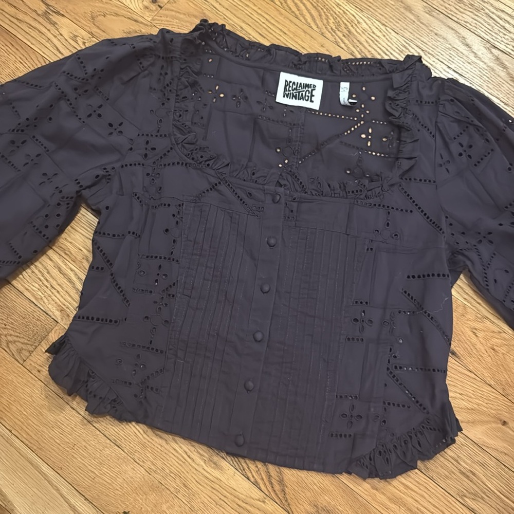 Reclaimed Vintage Black Cropped Eyelet Corset Top with Ruffle